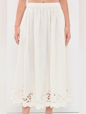 Nancy Johnson M Cotton linen Battenberg pleated midi skirt White